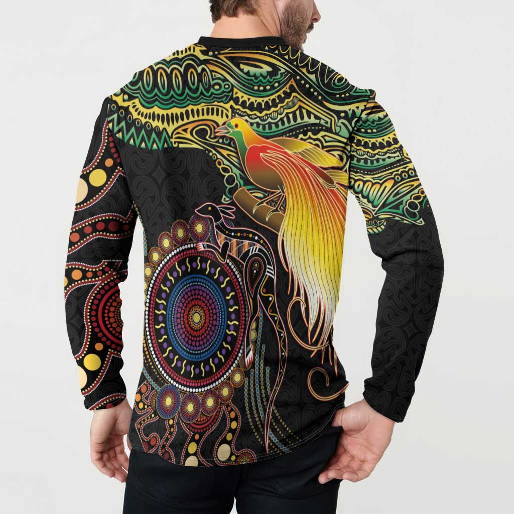 Papua New Guinea and Australia Together Button Sweatshirt Bird of Paradise and Kangaroo Melanesian Aboriginal Motifs - Polynesian Pride