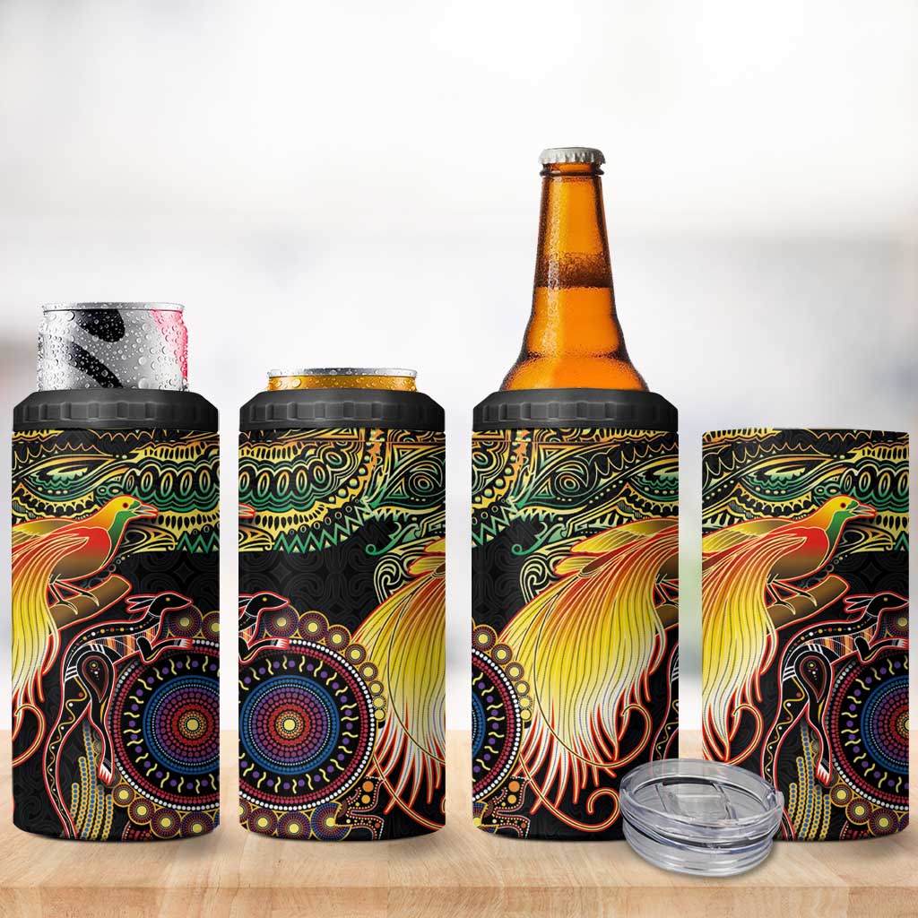 Papua New Guinea and Australia Together 4 in 1 Can Cooler Tumbler Bird of Paradise and Kangaroo Melanesian Aboriginal Motifs - Polynesian Pride