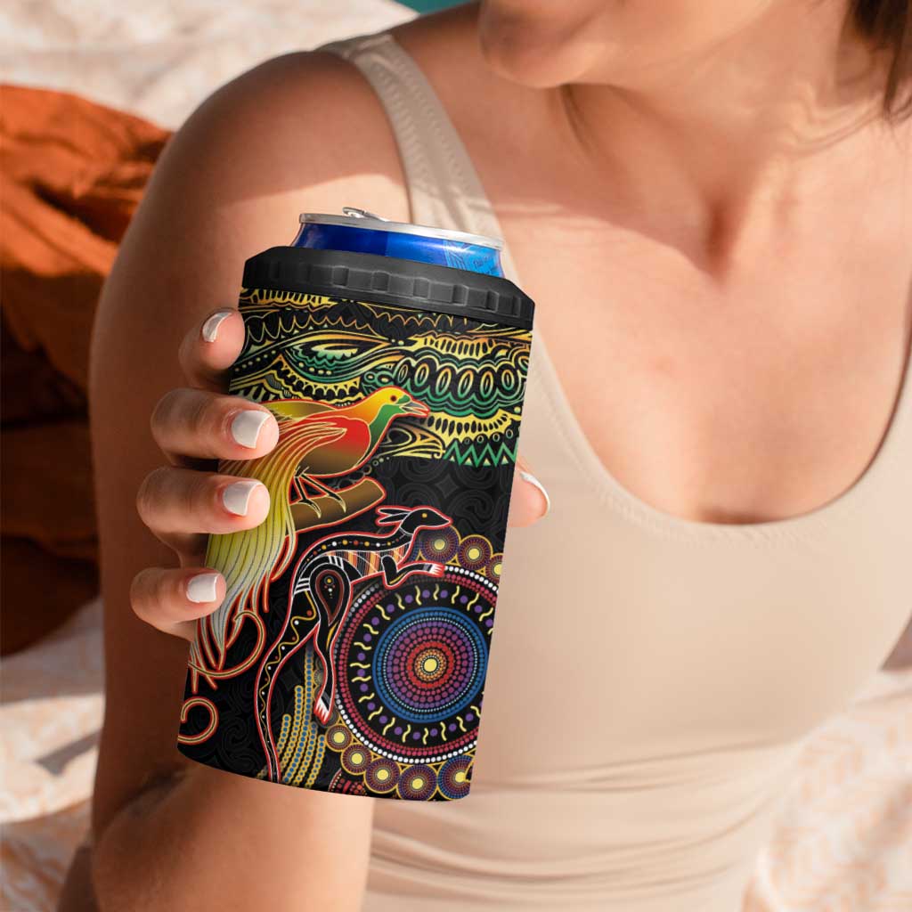Papua New Guinea and Australia Together 4 in 1 Can Cooler Tumbler Bird of Paradise and Kangaroo Melanesian Aboriginal Motifs - Polynesian Pride