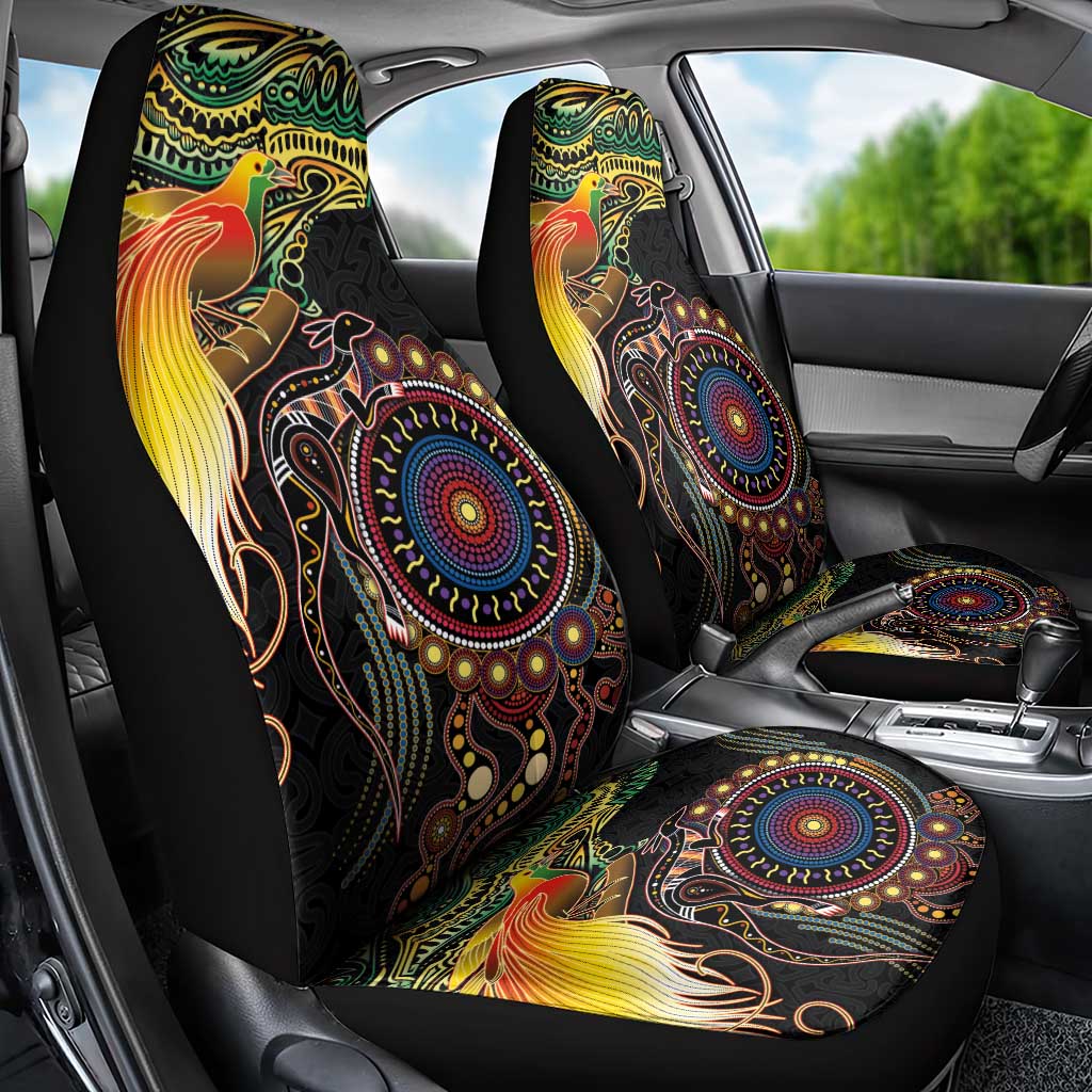Papua New Guinea and Australia Together Car Seat Cover Bird of Paradise and Kangaroo Melanesian Aboriginal Motifs - Polynesian Pride