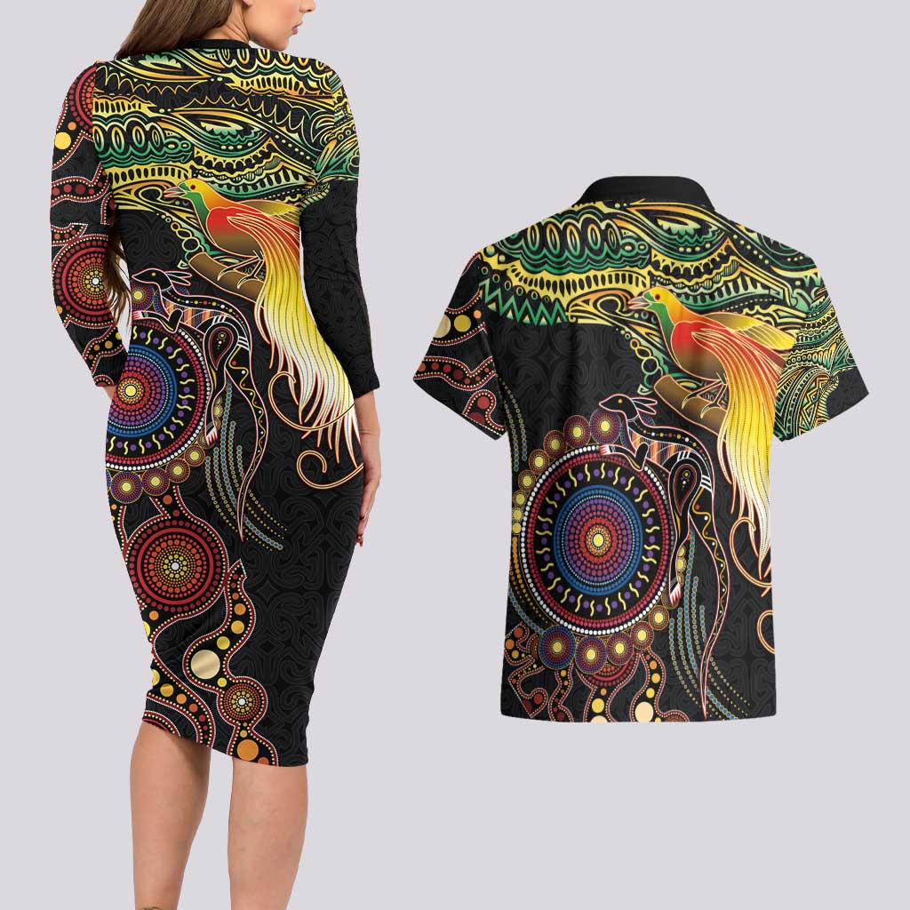 Papua New Guinea and Australia Together Couples Matching Long Sleeve Bodycon Dress and Hawaiian Shirt Bird of Paradise and Kangaroo Melanesian Aboriginal Motifs - Polynesian Pride