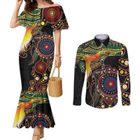 Papua New Guinea and Australia Together Couples Matching Mermaid Dress and Long Sleeve Button Shirt Bird of Paradise and Kangaroo Melanesian Aboriginal Motifs - Polynesian Pride