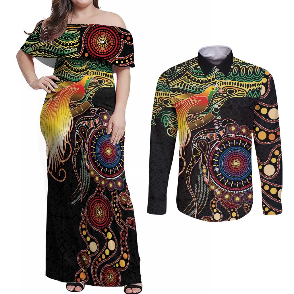 Papua New Guinea and Australia Together Couples Matching Off Shoulder Maxi Dress and Long Sleeve Button Shirt Bird of Paradise and Kangaroo Melanesian Aboriginal Motifs - Polynesian Pride