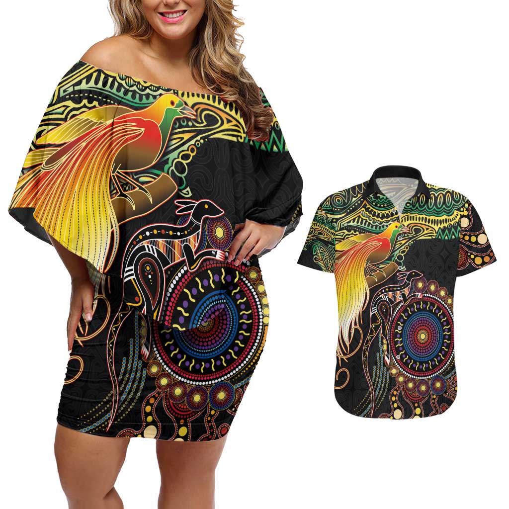 Papua New Guinea and Australia Together Couples Matching Off Shoulder Short Dress and Hawaiian Shirt Bird of Paradise and Kangaroo Melanesian Aboriginal Motifs - Polynesian Pride
