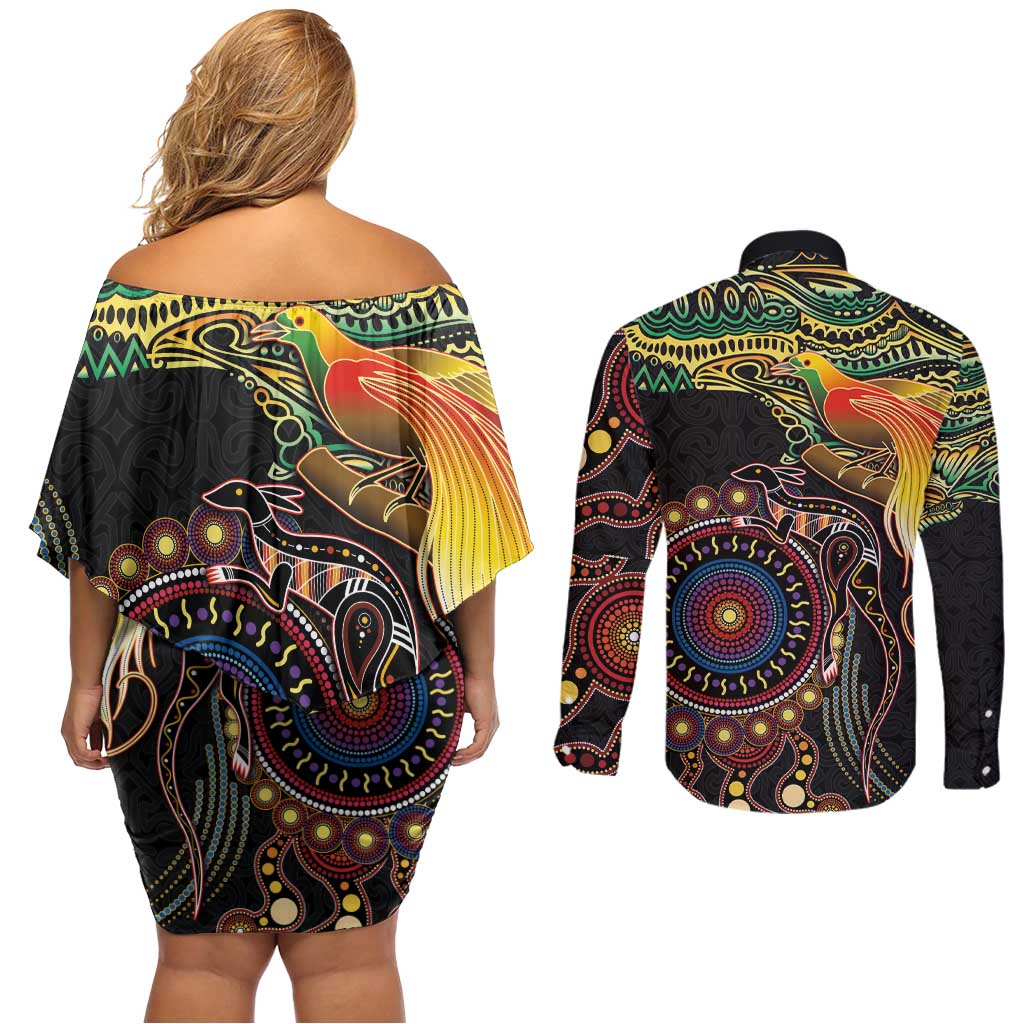 Papua New Guinea and Australia Together Couples Matching Off Shoulder Short Dress and Long Sleeve Button Shirt Bird of Paradise and Kangaroo Melanesian Aboriginal Motifs - Polynesian Pride
