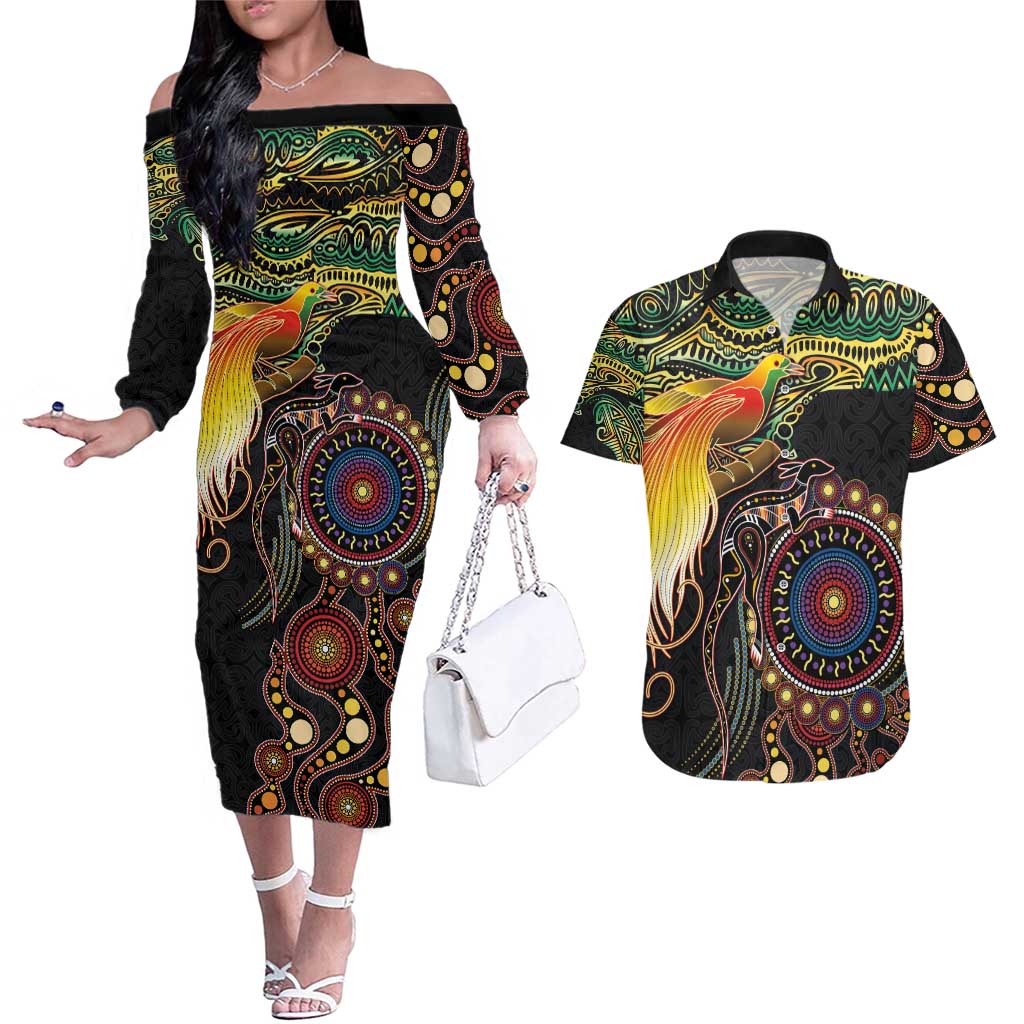 Papua New Guinea and Australia Together Couples Matching Off The Shoulder Long Sleeve Dress and Hawaiian Shirt Bird of Paradise and Kangaroo Melanesian Aboriginal Motifs - Polynesian Pride