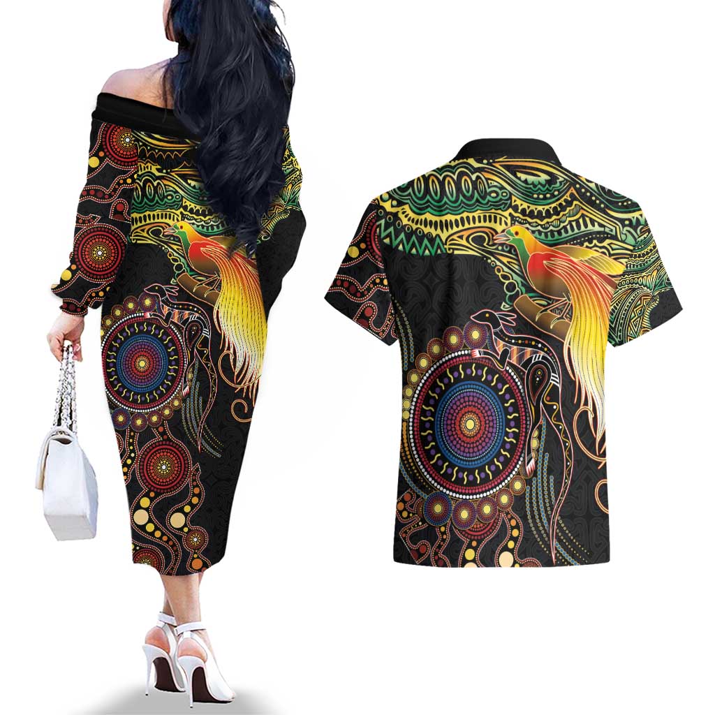 Papua New Guinea and Australia Together Couples Matching Off The Shoulder Long Sleeve Dress and Hawaiian Shirt Bird of Paradise and Kangaroo Melanesian Aboriginal Motifs - Polynesian Pride