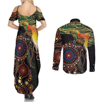 Papua New Guinea and Australia Together Couples Matching Summer Maxi Dress and Long Sleeve Button Shirt Bird of Paradise and Kangaroo Melanesian Aboriginal Motifs - Polynesian Pride