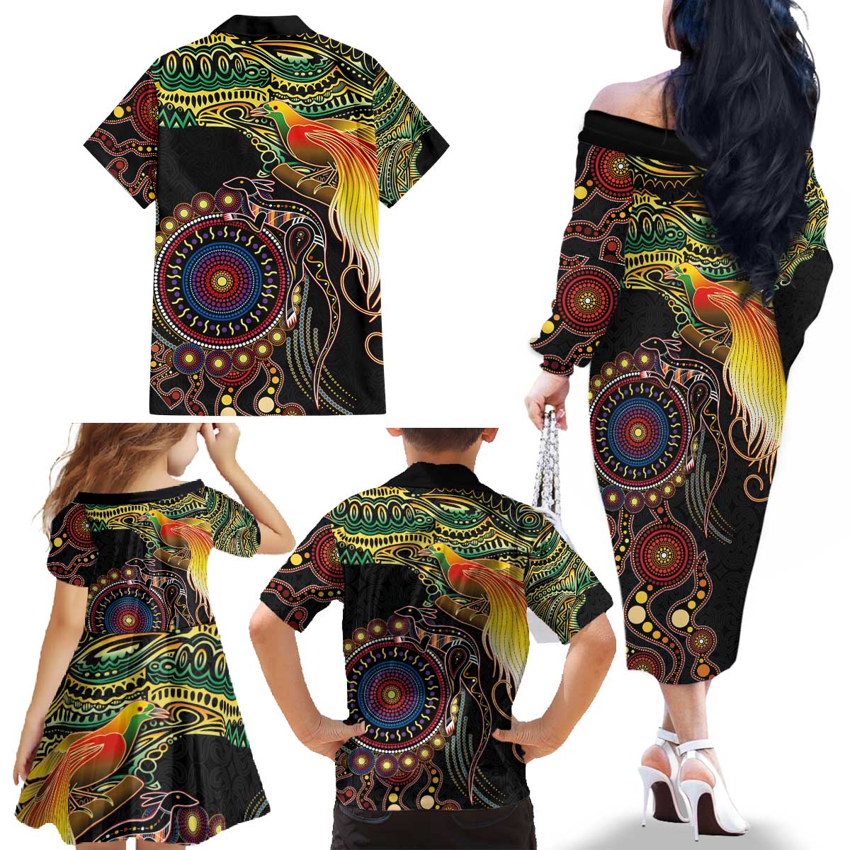 Papua New Guinea and Australia Together Family Matching Off The Shoulder Long Sleeve Dress and Hawaiian Shirt Bird of Paradise and Kangaroo Melanesian Aboriginal Motifs - Polynesian Pride