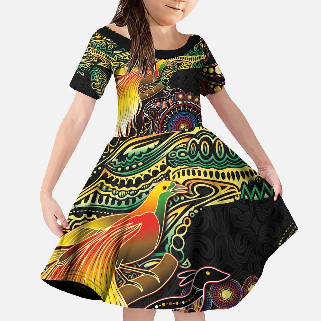 Papua New Guinea and Australia Together Family Matching Off Shoulder Maxi Dress and Hawaiian Shirt Bird of Paradise and Kangaroo Melanesian Aboriginal Motifs - Polynesian Pride