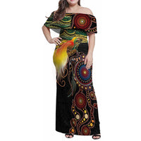 Papua New Guinea and Australia Together Family Matching Off Shoulder Maxi Dress and Hawaiian Shirt Bird of Paradise and Kangaroo Melanesian Aboriginal Motifs - Polynesian Pride
