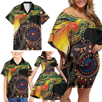Papua New Guinea and Australia Together Family Matching Off Shoulder Short Dress and Hawaiian Shirt Bird of Paradise and Kangaroo Melanesian Aboriginal Motifs - Polynesian Pride