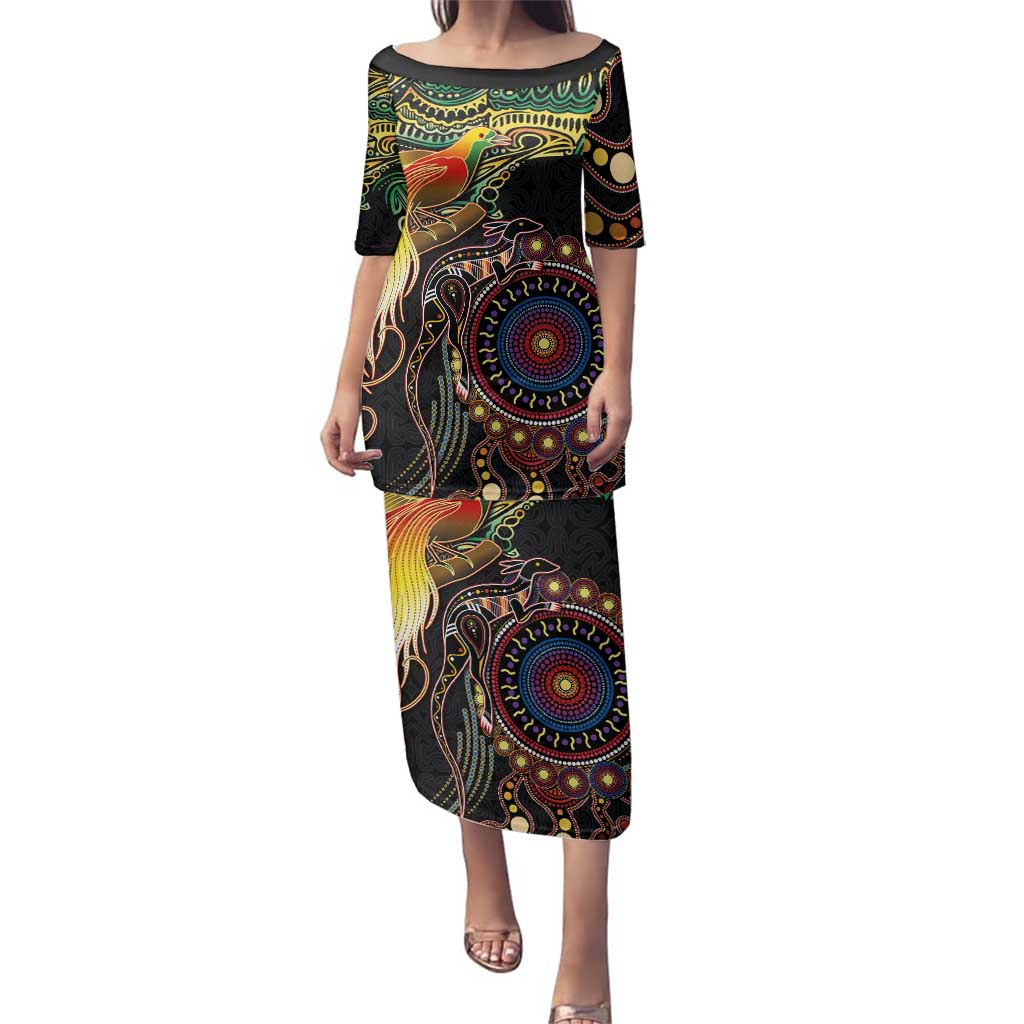 Papua New Guinea and Australia Together Family Matching Puletasi and Hawaiian Shirt Bird of Paradise and Kangaroo Melanesian Aboriginal Motifs - Polynesian Pride