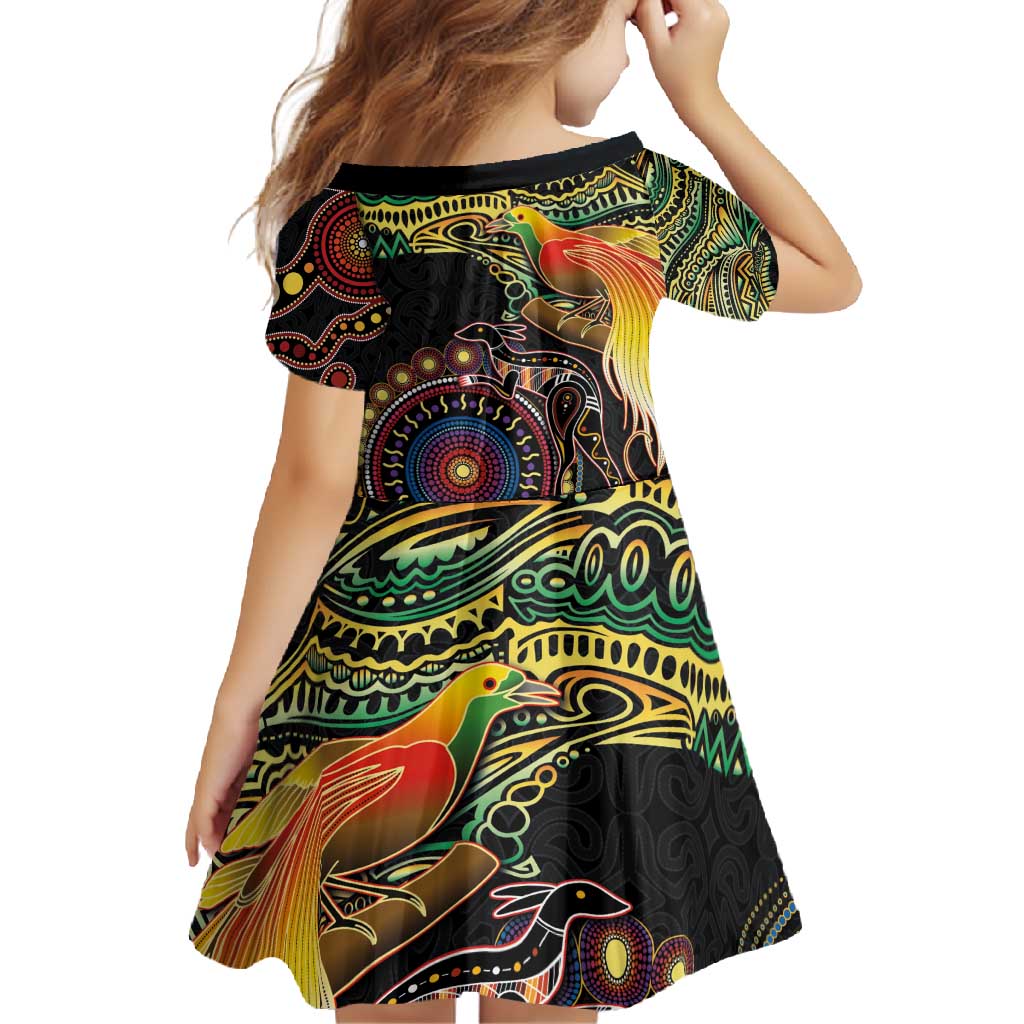 Papua New Guinea and Australia Together Family Matching Short Sleeve Bodycon Dress and Hawaiian Shirt Bird of Paradise and Kangaroo Melanesian Aboriginal Motifs - Polynesian Pride