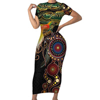 Papua New Guinea and Australia Together Family Matching Short Sleeve Bodycon Dress and Hawaiian Shirt Bird of Paradise and Kangaroo Melanesian Aboriginal Motifs - Polynesian Pride