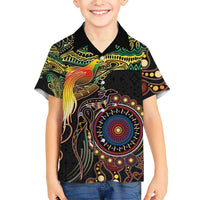 Papua New Guinea and Australia Together Family Matching Short Sleeve Bodycon Dress and Hawaiian Shirt Bird of Paradise and Kangaroo Melanesian Aboriginal Motifs - Polynesian Pride