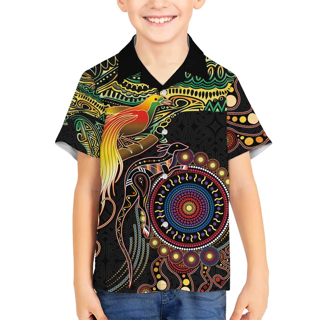 Papua New Guinea and Australia Together Family Matching Tank Maxi Dress and Hawaiian Shirt Bird of Paradise and Kangaroo Melanesian Aboriginal Motifs - Polynesian Pride