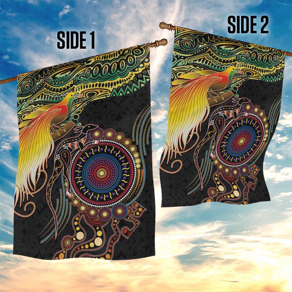 Papua New Guinea and Australia Together Garden Flag Bird of Paradise and Kangaroo Melanesian Aboriginal Motifs - Polynesian Pride