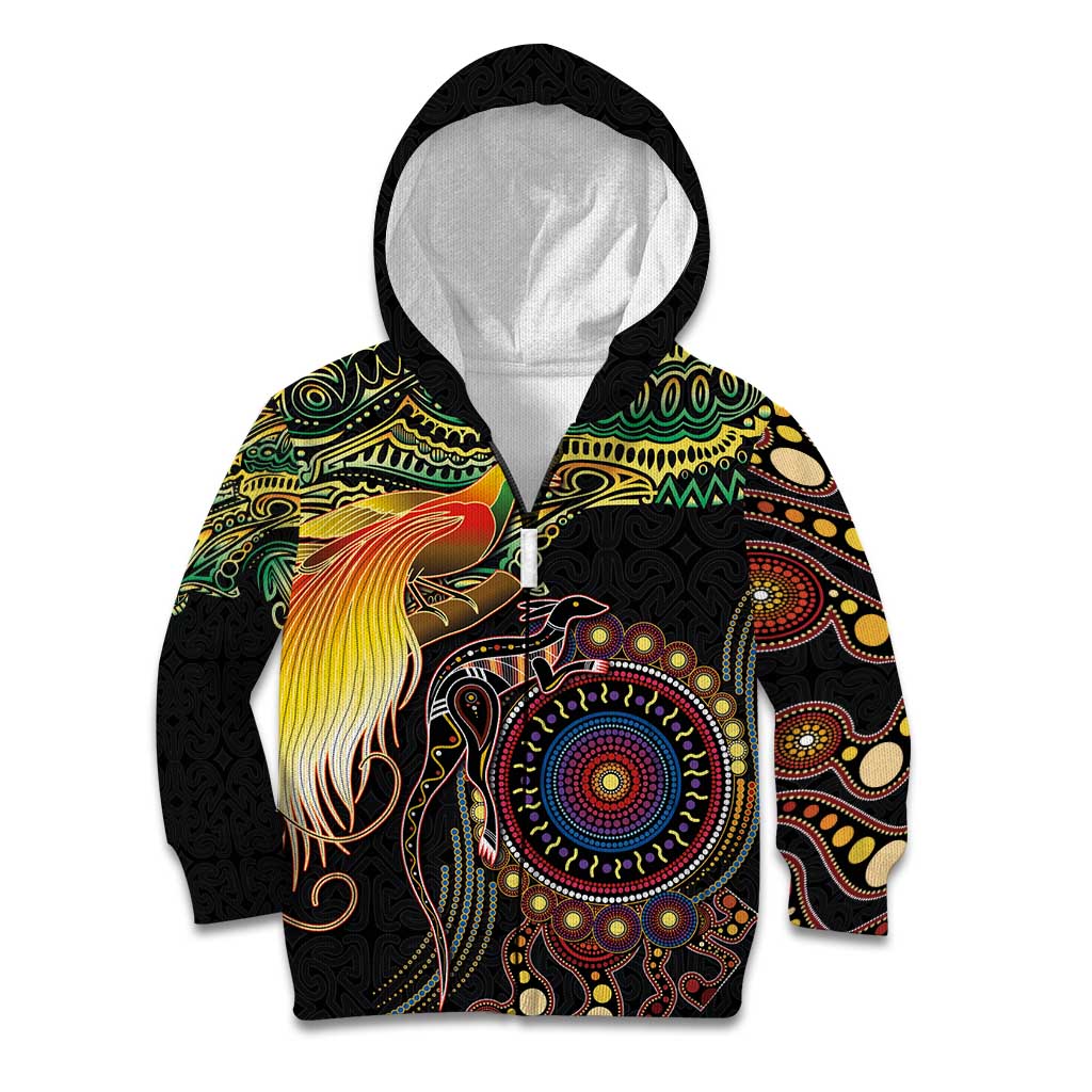 Papua New Guinea and Australia Together Kid Hoodie Bird of Paradise and Kangaroo Melanesian Aboriginal Motifs - Polynesian Pride