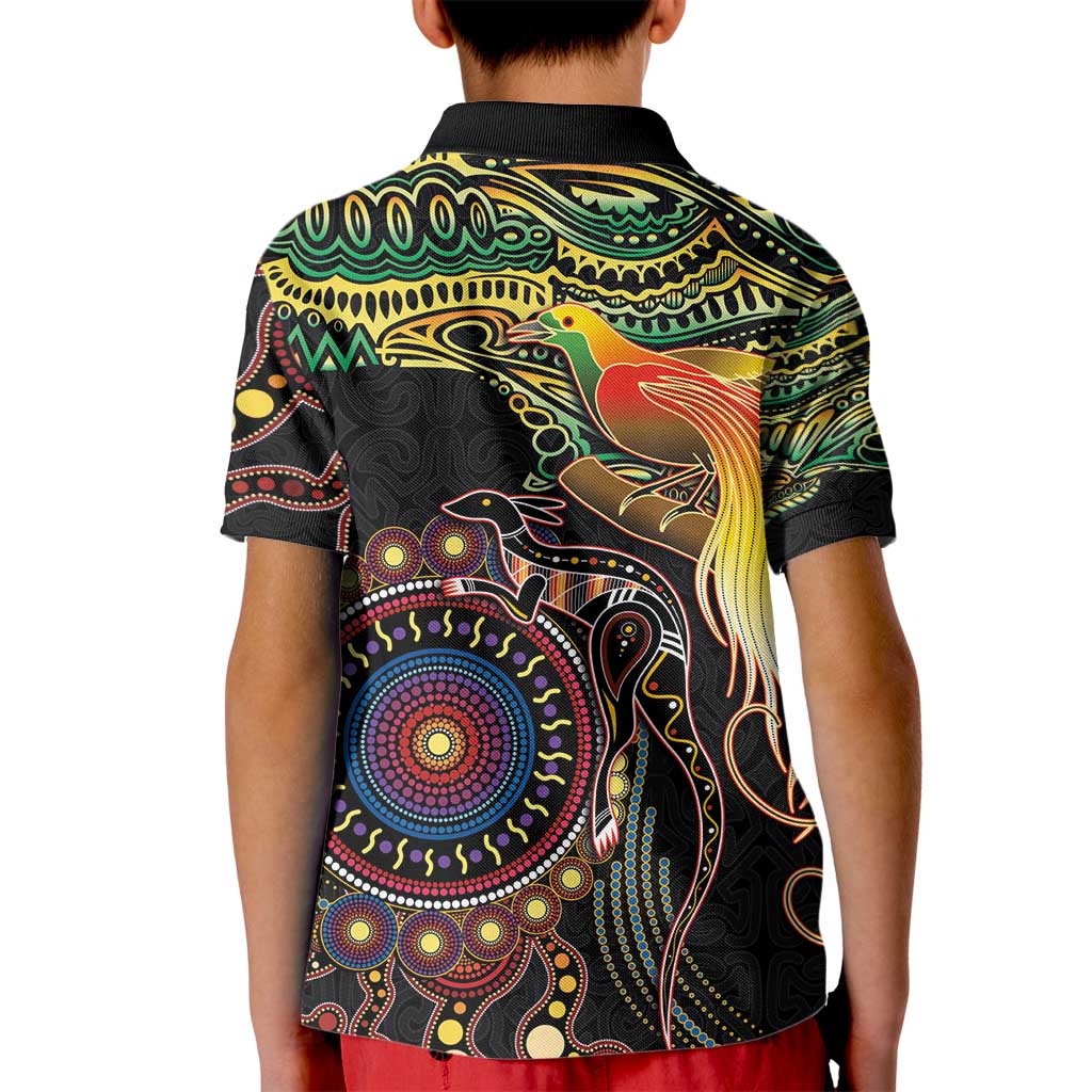 Papua New Guinea and Australia Together Kid Polo Shirt Bird of Paradise and Kangaroo Melanesian Aboriginal Motifs - Polynesian Pride