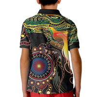 Papua New Guinea and Australia Together Kid Polo Shirt Bird of Paradise and Kangaroo Melanesian Aboriginal Motifs - Polynesian Pride