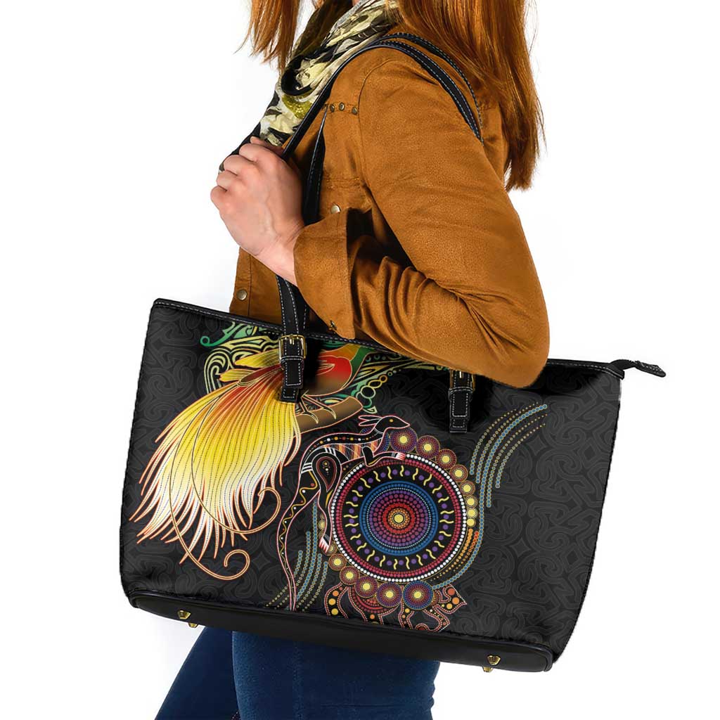 Papua New Guinea and Australia Together Leather Tote Bag Bird of Paradise and Kangaroo Melanesian Aboriginal Motifs - Polynesian Pride
