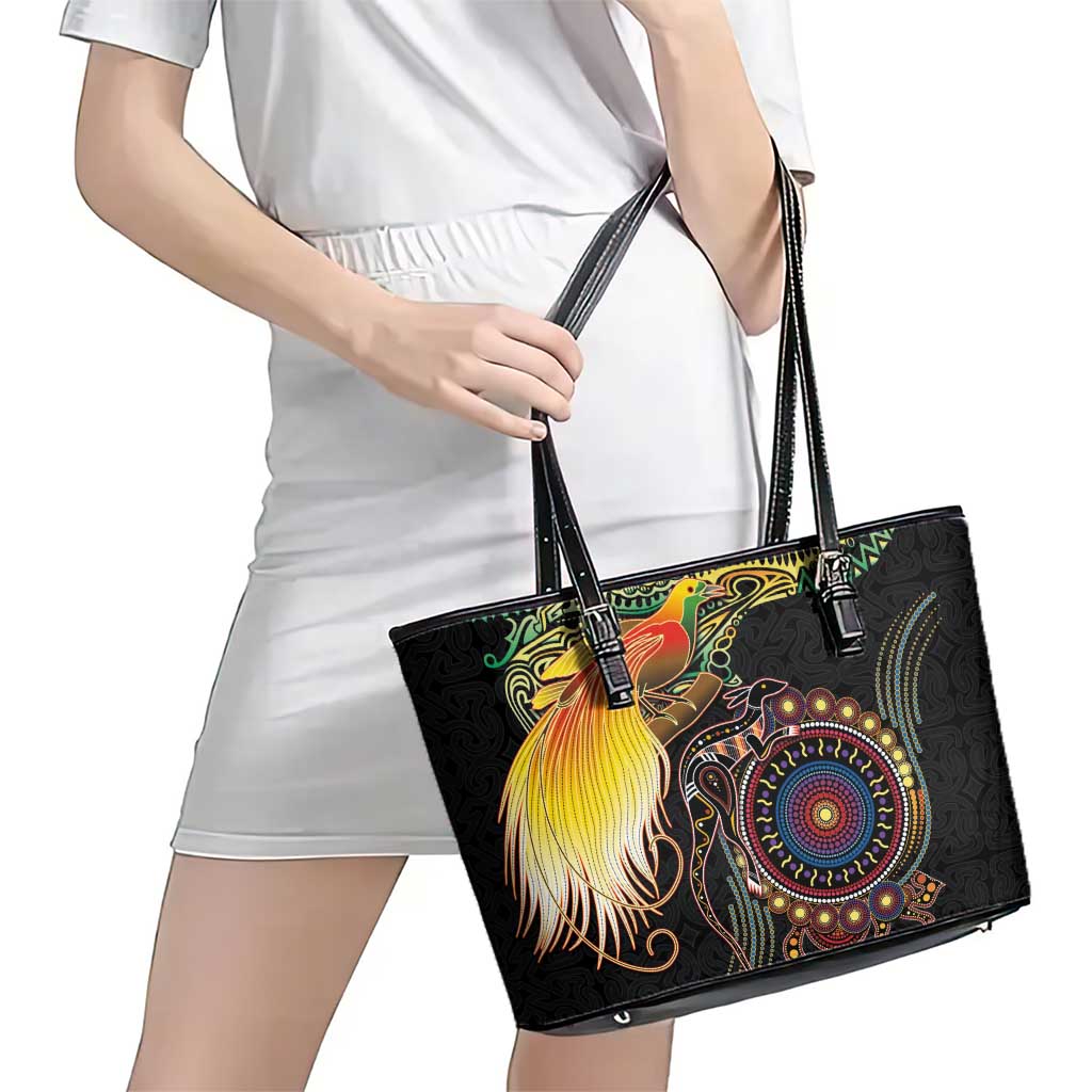 Papua New Guinea and Australia Together Leather Tote Bag Bird of Paradise and Kangaroo Melanesian Aboriginal Motifs - Polynesian Pride