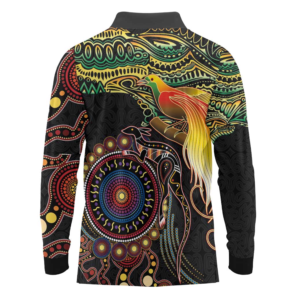Papua New Guinea and Australia Together Long Sleeve Polo Shirt Bird of Paradise and Kangaroo Melanesian Aboriginal Motifs - Polynesian Pride