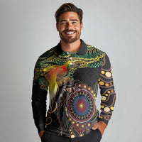 Papua New Guinea and Australia Together Long Sleeve Polo Shirt Bird of Paradise and Kangaroo Melanesian Aboriginal Motifs - Polynesian Pride