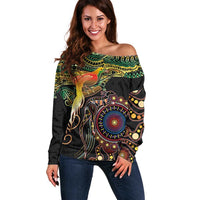 Papua New Guinea and Australia Together Off Shoulder Sweater Bird of Paradise and Kangaroo Melanesian Aboriginal Motifs - Polynesian Pride