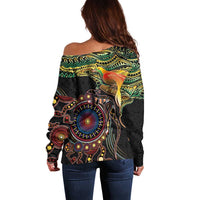 Papua New Guinea and Australia Together Off Shoulder Sweater Bird of Paradise and Kangaroo Melanesian Aboriginal Motifs - Polynesian Pride