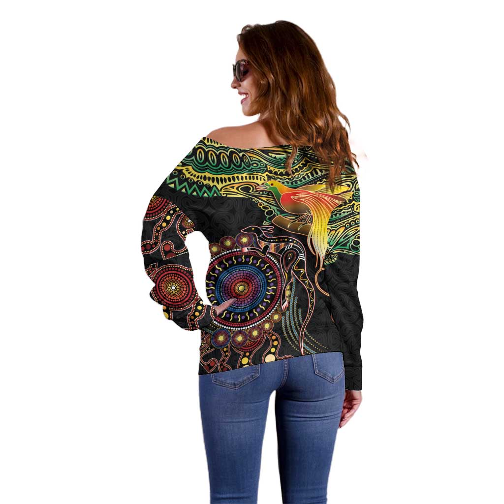 Papua New Guinea and Australia Together Off Shoulder Sweater Bird of Paradise and Kangaroo Melanesian Aboriginal Motifs - Polynesian Pride