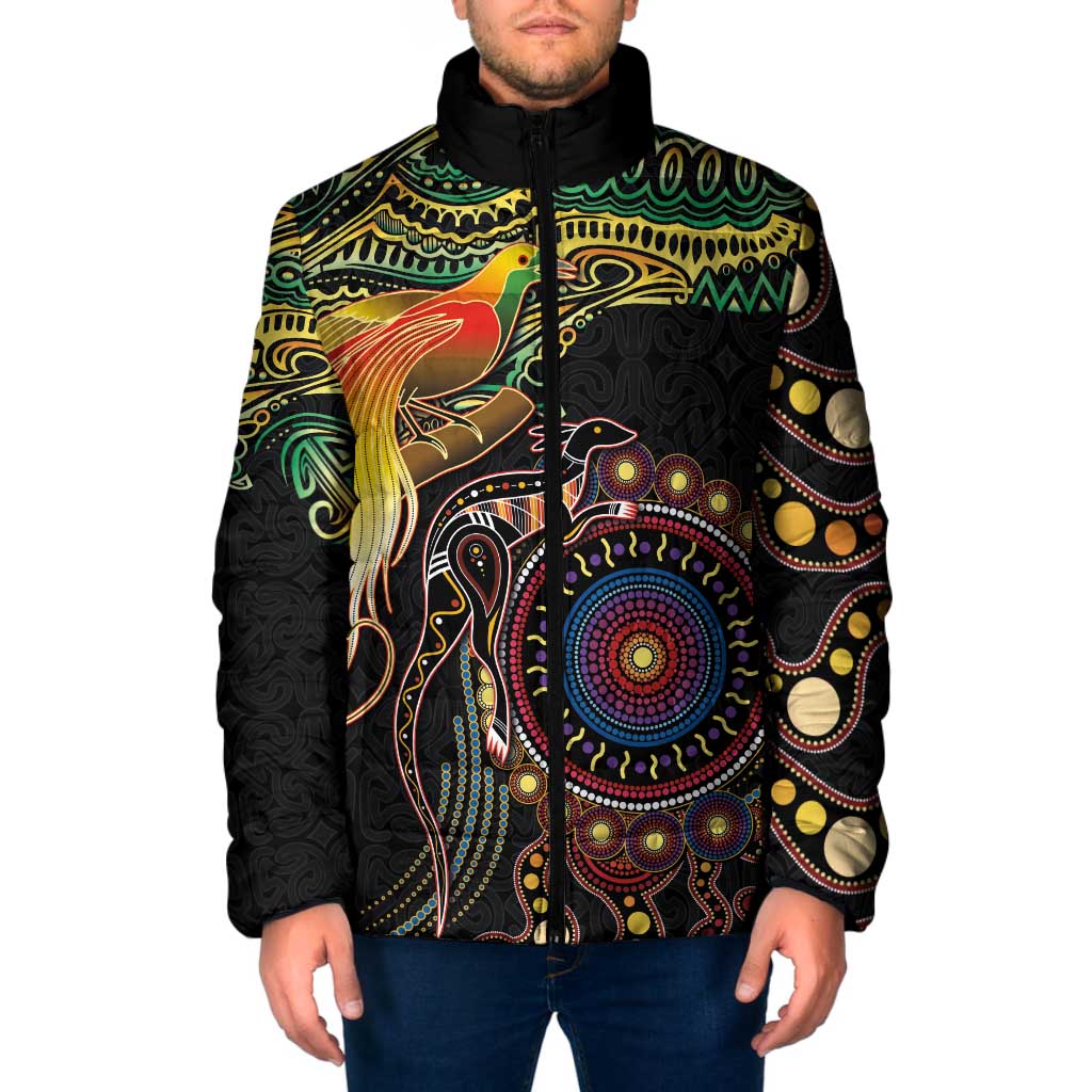 Papua New Guinea and Australia Together Padded Jacket Bird of Paradise and Kangaroo Melanesian Aboriginal Motifs - Polynesian Pride