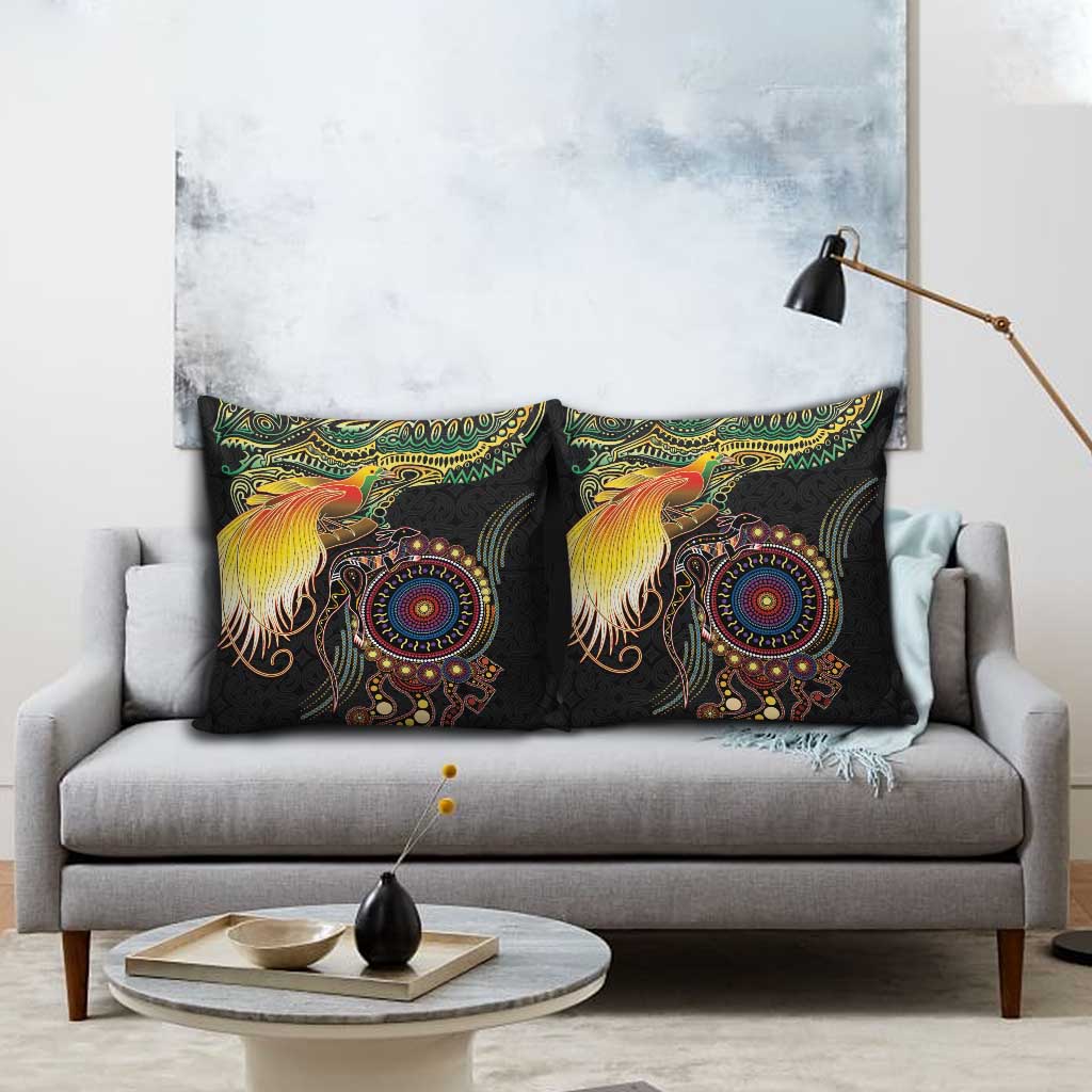 Papua New Guinea and Australia Together Pillow Cover Bird of Paradise and Kangaroo Melanesian Aboriginal Motifs - Polynesian Pride