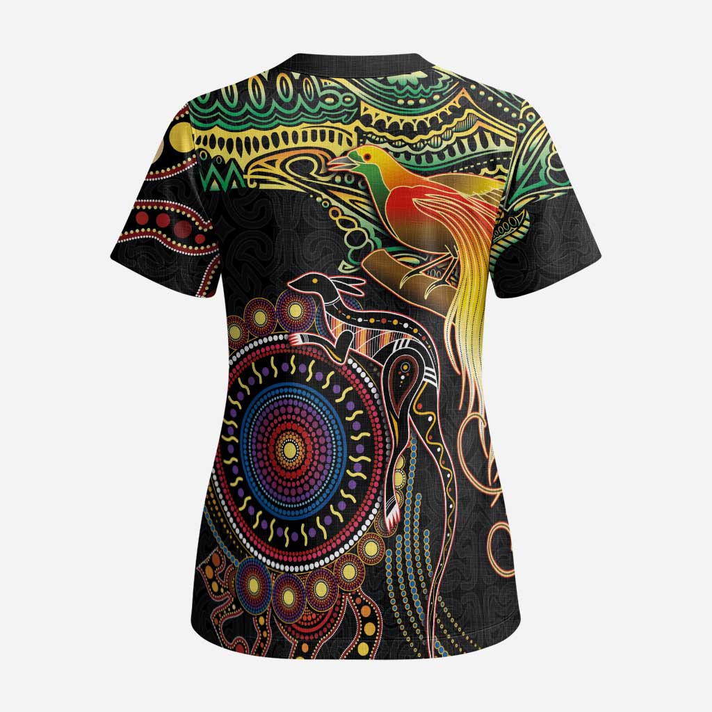 Papua New Guinea and Australia Together Scrub Top Bird of Paradise and Kangaroo Melanesian Aboriginal Motifs - Polynesian Pride