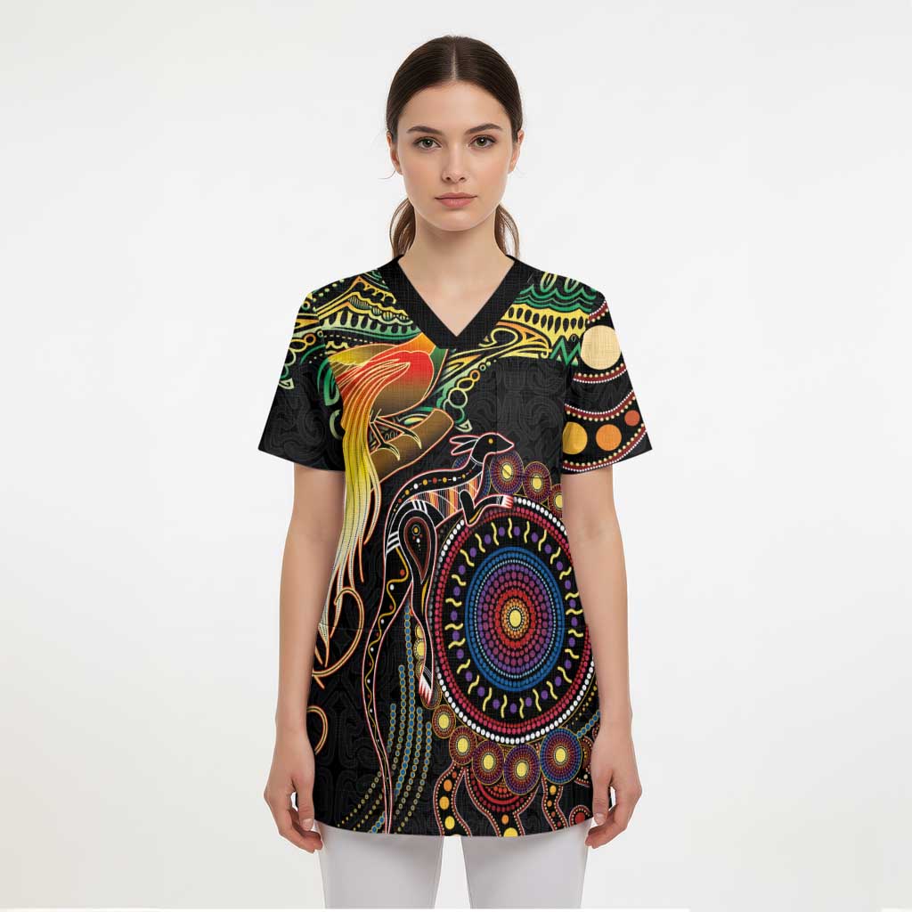 Papua New Guinea and Australia Together Scrub Top Bird of Paradise and Kangaroo Melanesian Aboriginal Motifs - Polynesian Pride