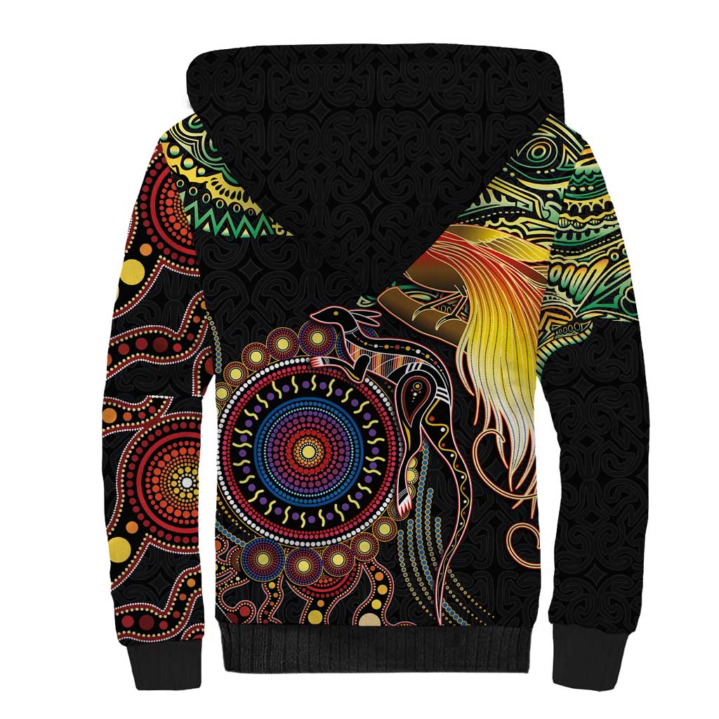 Papua New Guinea and Australia Together Sherpa Hoodie Bird of Paradise and Kangaroo Melanesian Aboriginal Motifs - Polynesian Pride
