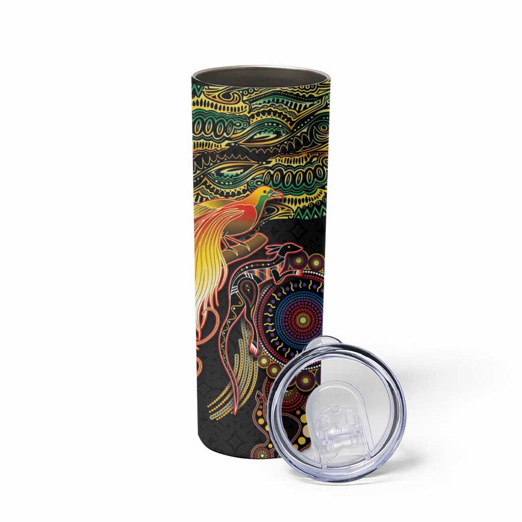Papua New Guinea and Australia Together Skinny Tumbler Bird of Paradise and Kangaroo Melanesian Aboriginal Motifs - Polynesian Pride
