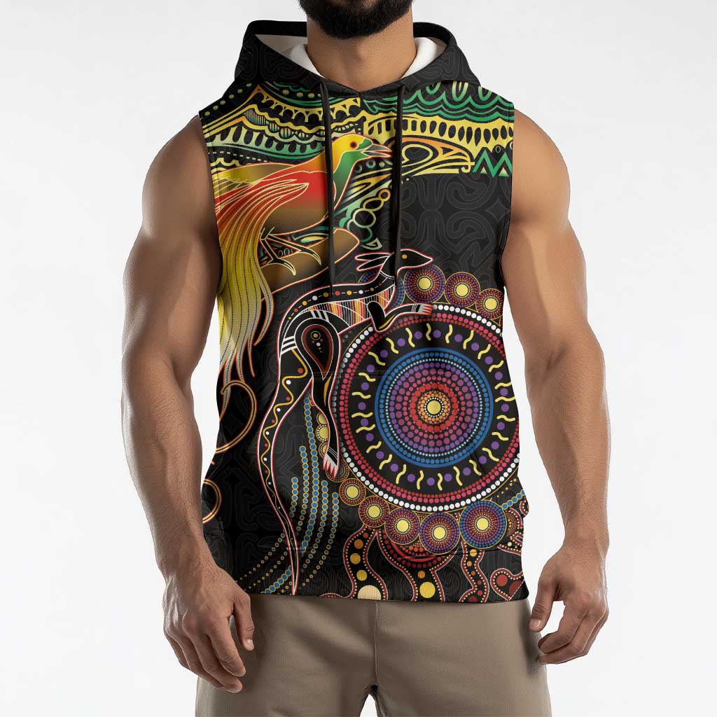 Papua New Guinea and Australia Together Sleeveless Hoodie Bird of Paradise and Kangaroo Melanesian Aboriginal Motifs - Polynesian Pride