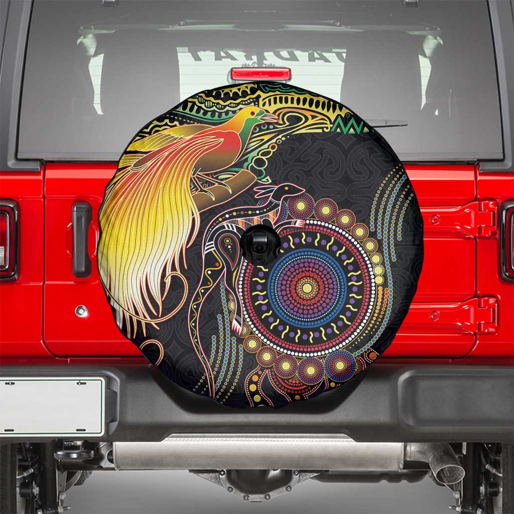 Papua New Guinea and Australia Together Spare Tire Cover Bird of Paradise and Kangaroo Melanesian Aboriginal Motifs - Polynesian Pride