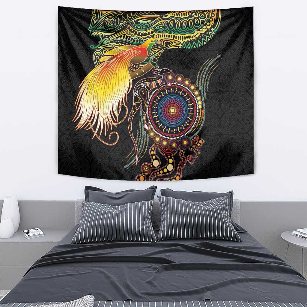 Papua New Guinea and Australia Together Tapestry Bird of Paradise and Kangaroo Melanesian Aboriginal Motifs - Polynesian Pride
