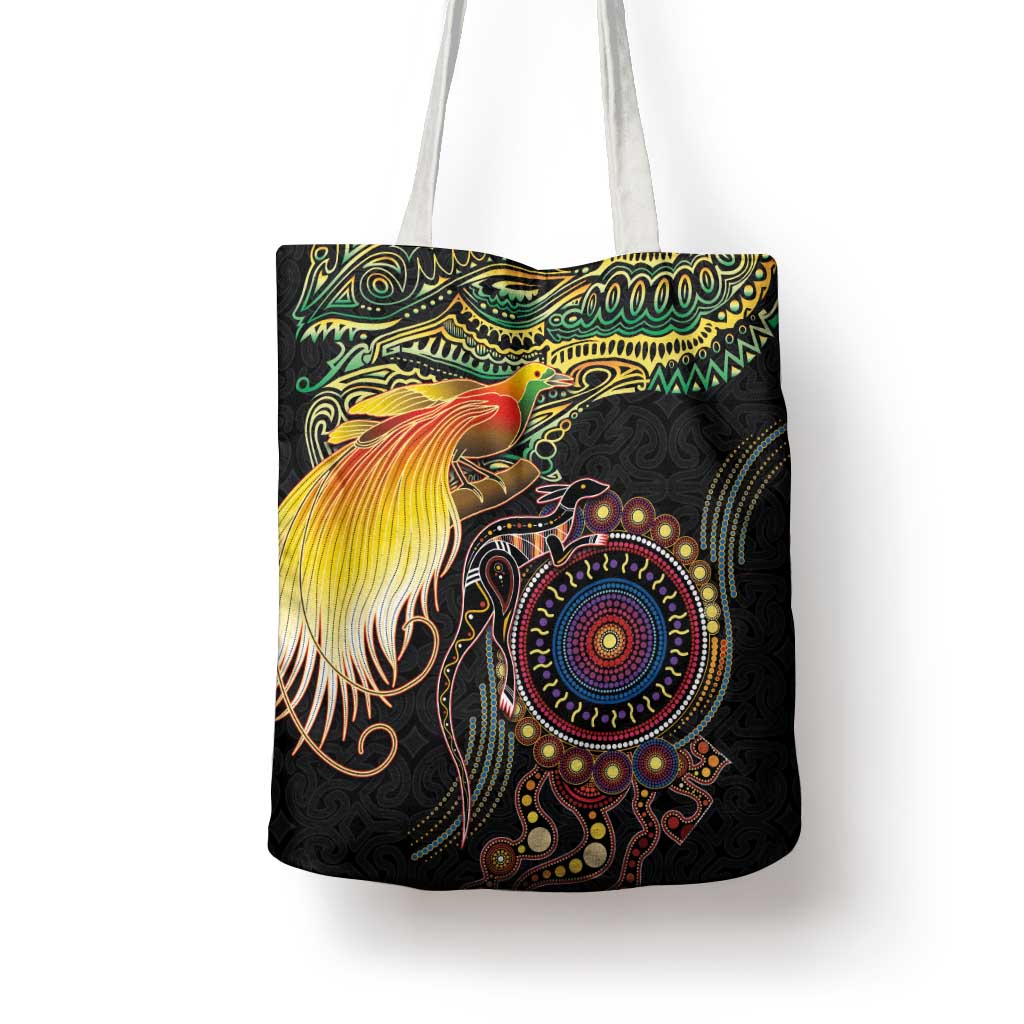 Papua New Guinea and Australia Together Tote Bag Bird of Paradise and Kangaroo Melanesian Aboriginal Motifs - Polynesian Pride