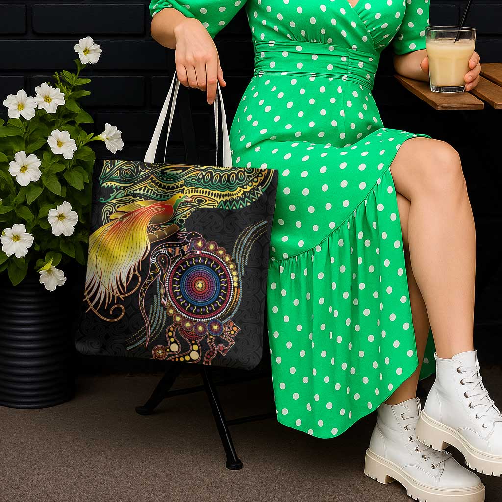 Papua New Guinea and Australia Together Tote Bag Bird of Paradise and Kangaroo Melanesian Aboriginal Motifs - Polynesian Pride