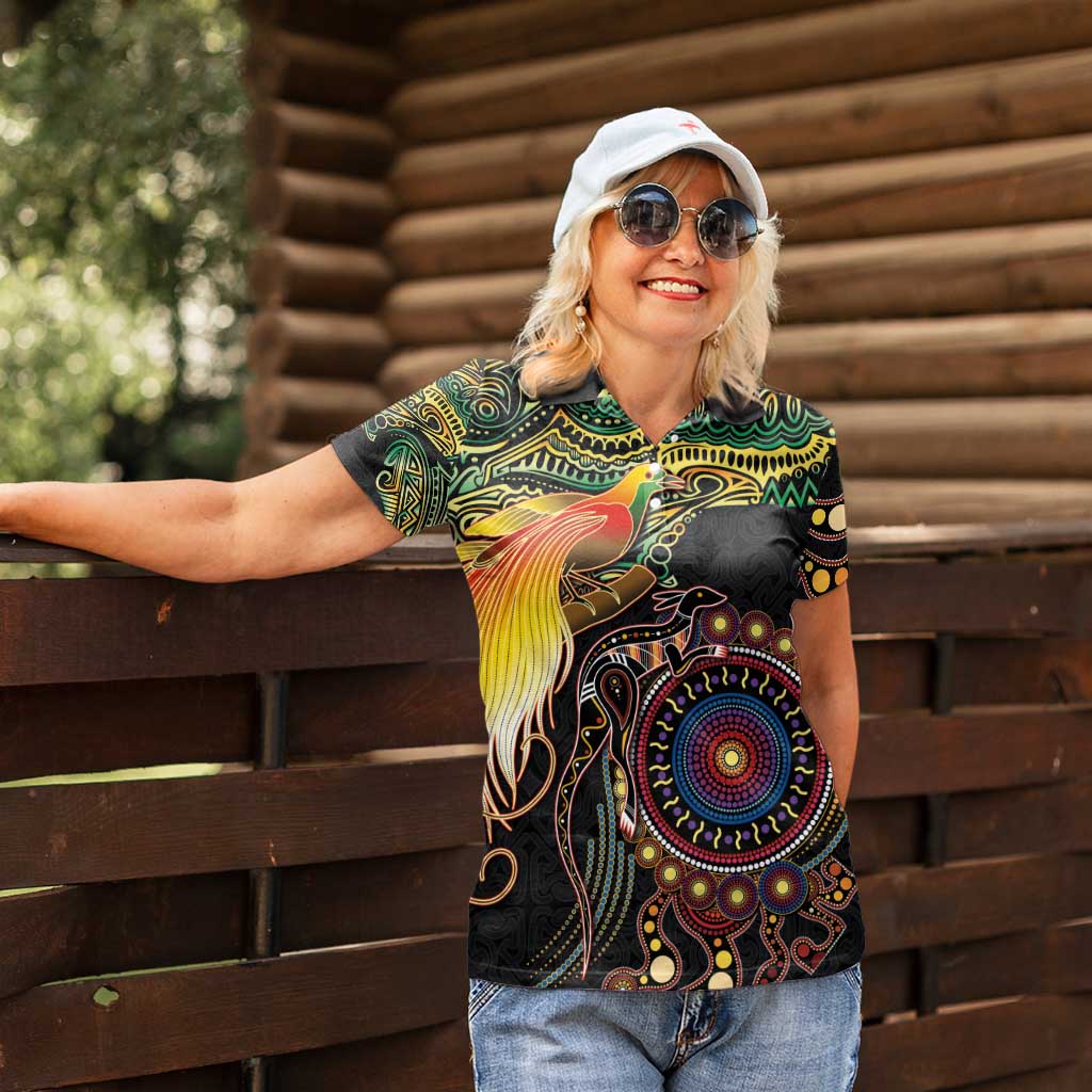 Papua New Guinea and Australia Together Women Polo Shirt Bird of Paradise and Kangaroo Melanesian Aboriginal Motifs - Polynesian Pride