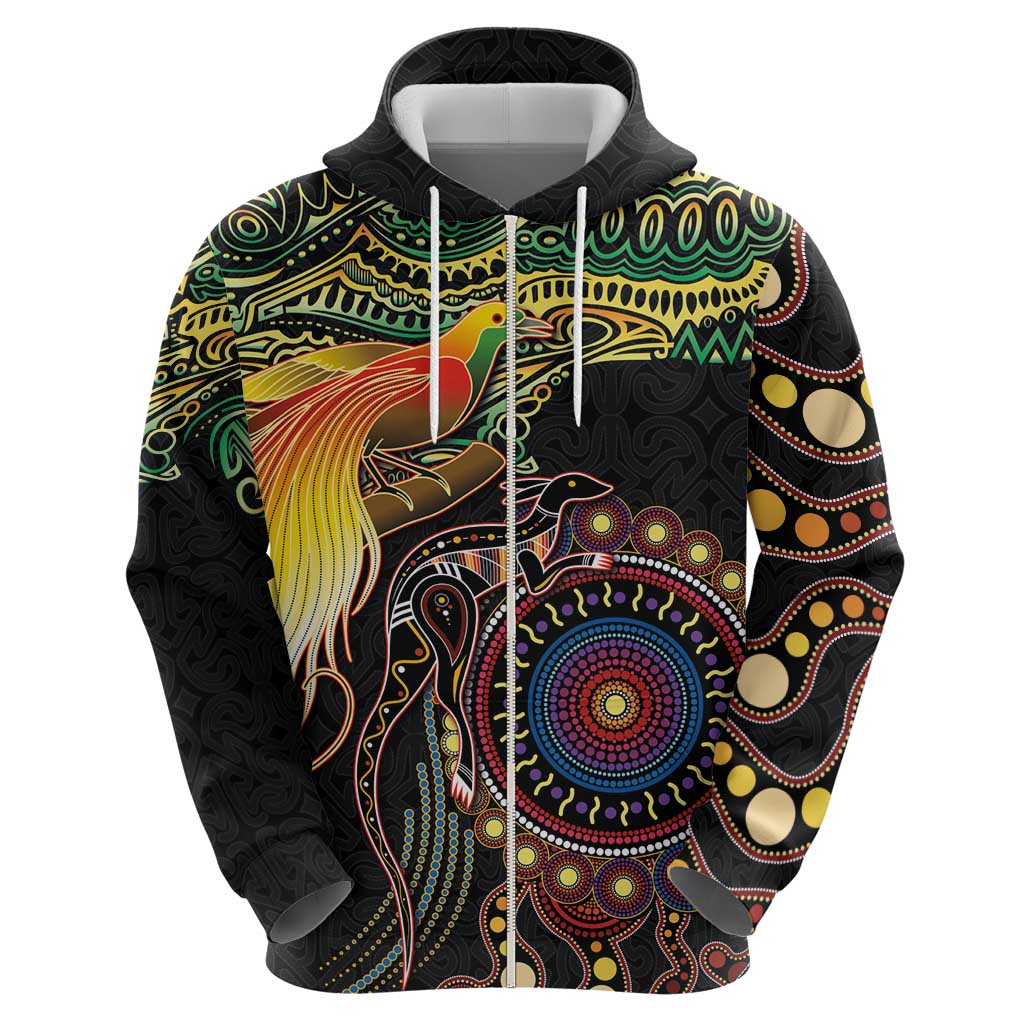Papua New Guinea and Australia Together Zip Hoodie Bird of Paradise and Kangaroo Melanesian Aboriginal Motifs - Polynesian Pride