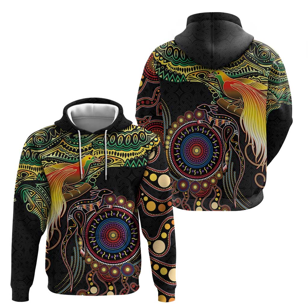 Papua New Guinea and Australia Together Zip Hoodie Bird of Paradise and Kangaroo Melanesian Aboriginal Motifs - Polynesian Pride