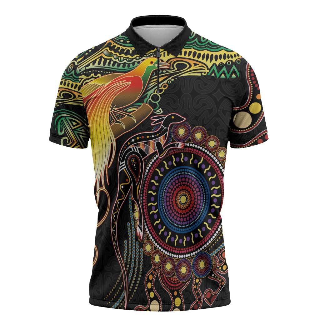 Papua New Guinea and Australia Together Zipper Polo Shirt Bird of Paradise and Kangaroo Melanesian Aboriginal Motifs - Polynesian Pride