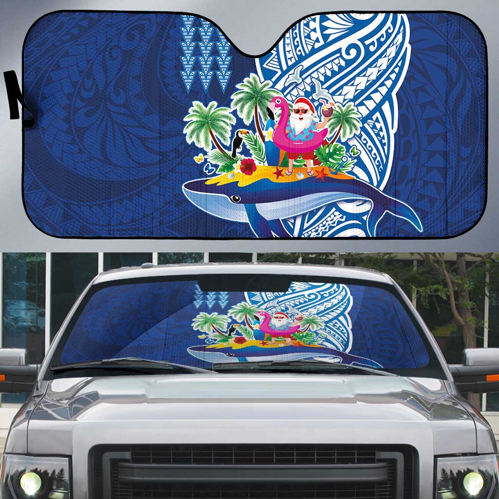 Hawaiian Mele Kalikimaka Auto Sun Shade Funny Santa on Whale Island with Kakau Tattoos - Polynesian Pride
