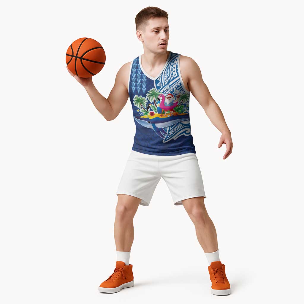 Hawaiian Mele Kalikimaka Basketball Jersey Funny Santa on Whale Island with Kakau Tattoos - Polynesian Pride