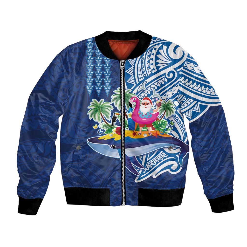 Hawaiian Mele Kalikimaka Bomber Jacket Funny Santa on Whale Island with Kakau Tattoos - Polynesian Pride